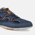 Blue comfort sneaker by bugatti with black bungee cord and orange accents.