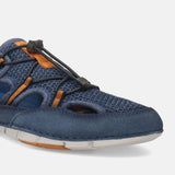 Blue comfort sneaker by bugatti with black bungee cord and orange accents.