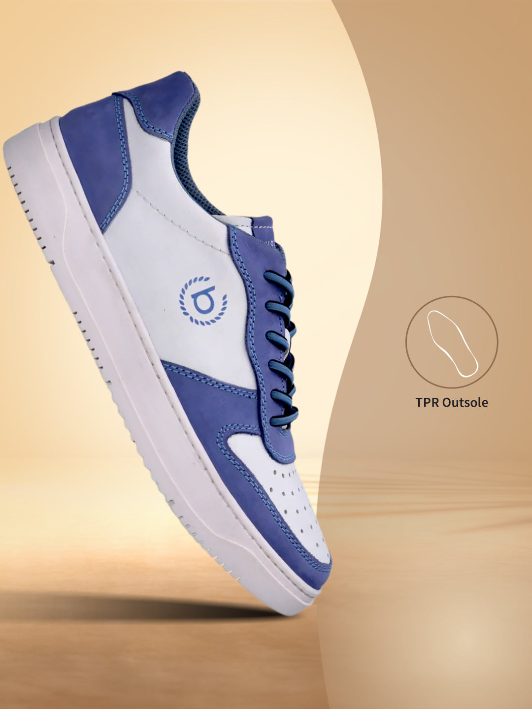 bugatti Humas Light Blue Premium Leather Comfort Sneaker shown at an angle, featuring white and blue paneling and a white sole.
