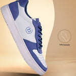 bugatti Humas Light Blue Premium Leather Comfort Sneaker shown at an angle, featuring white and blue paneling and a white sole.
