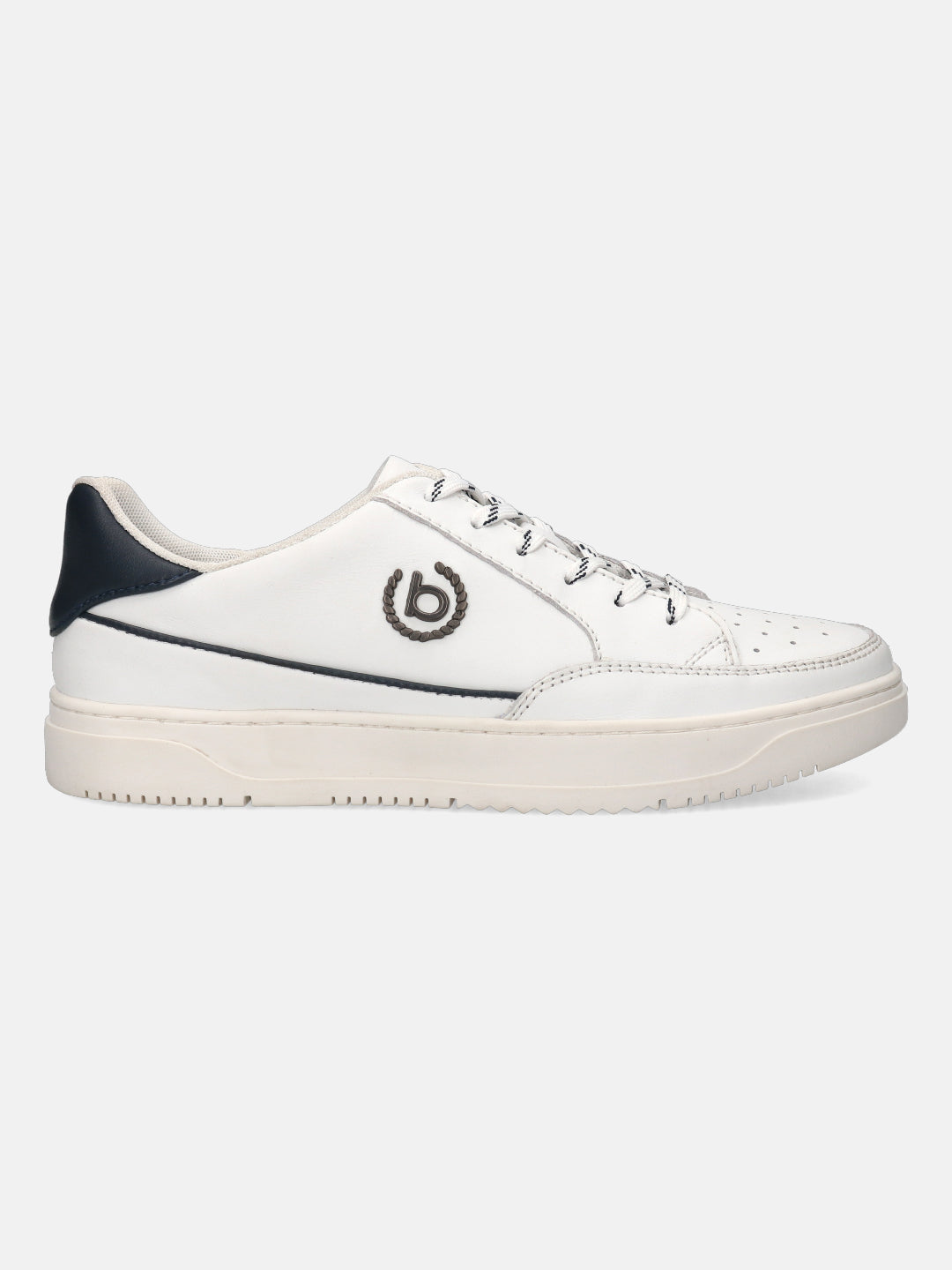 White leather sneaker by Bugatti with navy and brown accents, and textured laces.