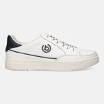White leather sneaker by Bugatti with navy and brown accents, and textured laces.