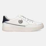 White leather sneaker by Bugatti with navy and brown accents, and textured laces.