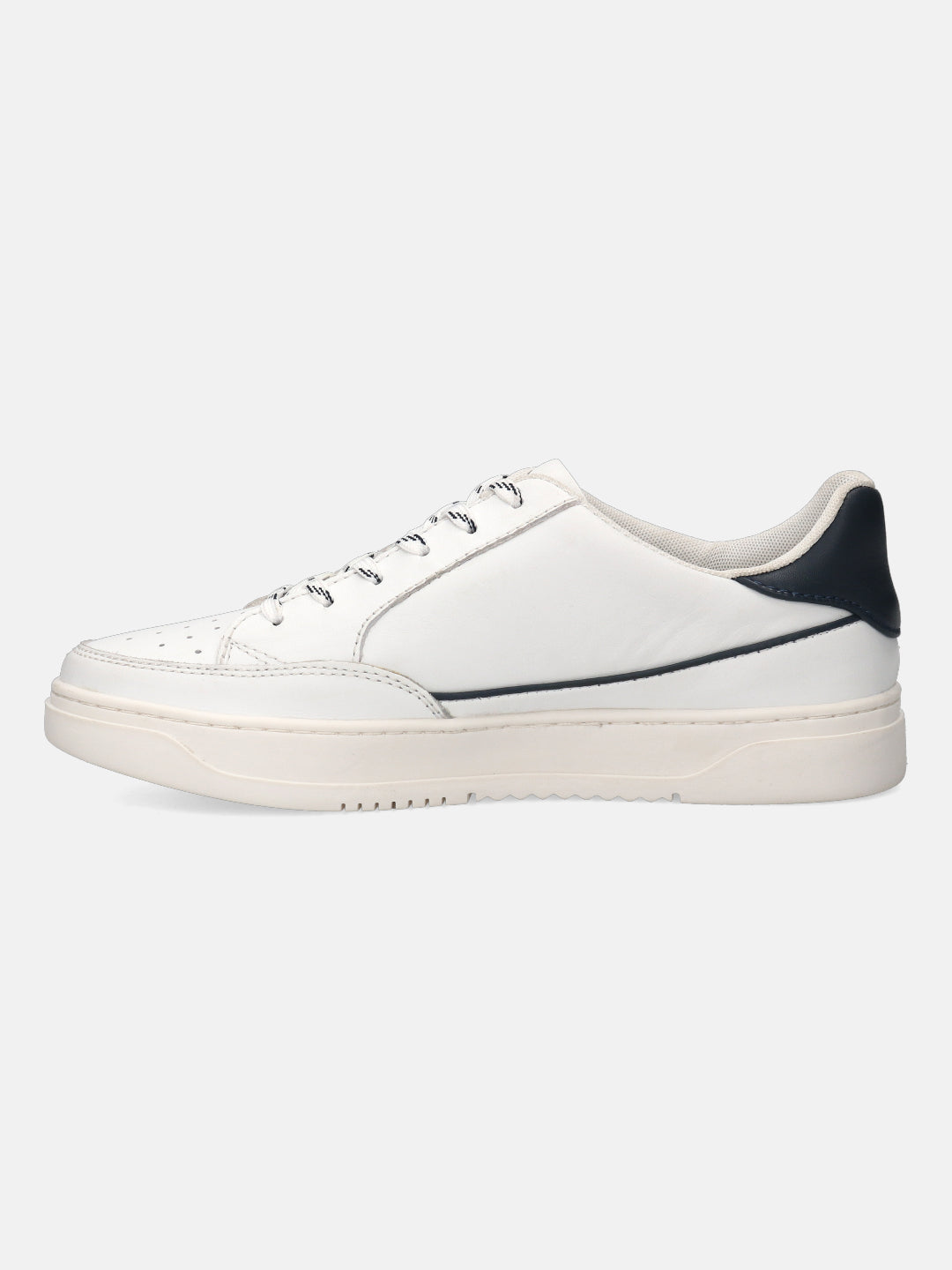 White leather sneaker by bugatti with navy accents at heel and midsole, and patterned laces.