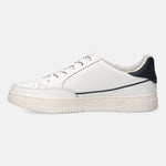 White leather sneaker by bugatti with navy accents at heel and midsole, and patterned laces.