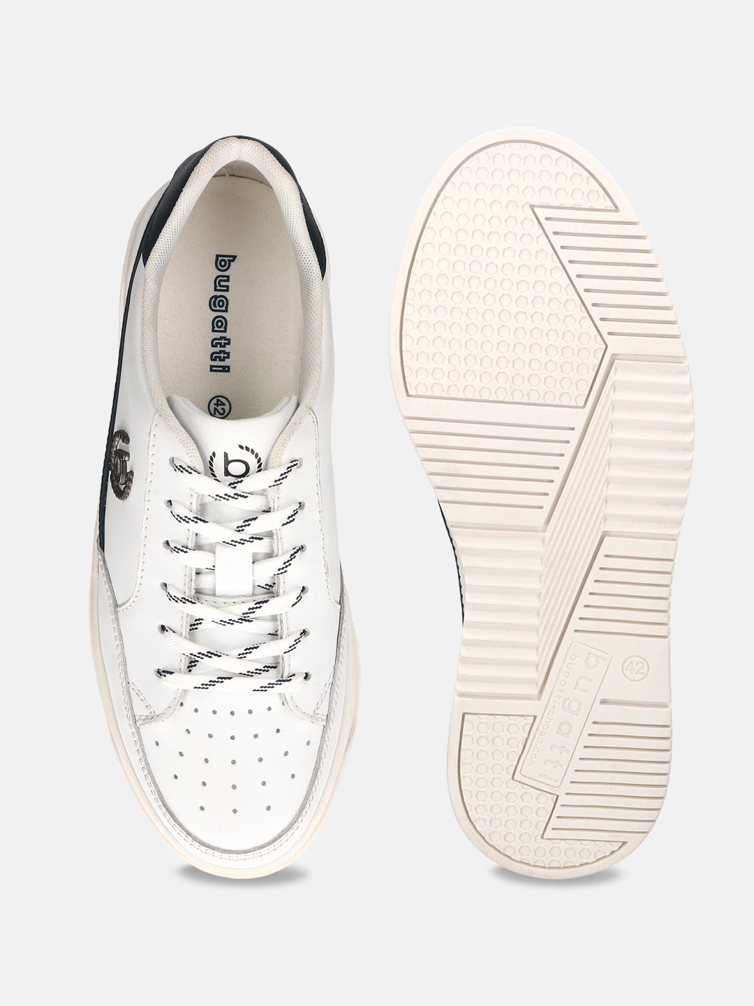 White leather sneakers by bugatti, with black trim, perforated toe, and patterned laces, shown with sole detail.