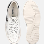 White leather sneakers by bugatti, with black trim, perforated toe, and patterned laces, shown with sole detail.