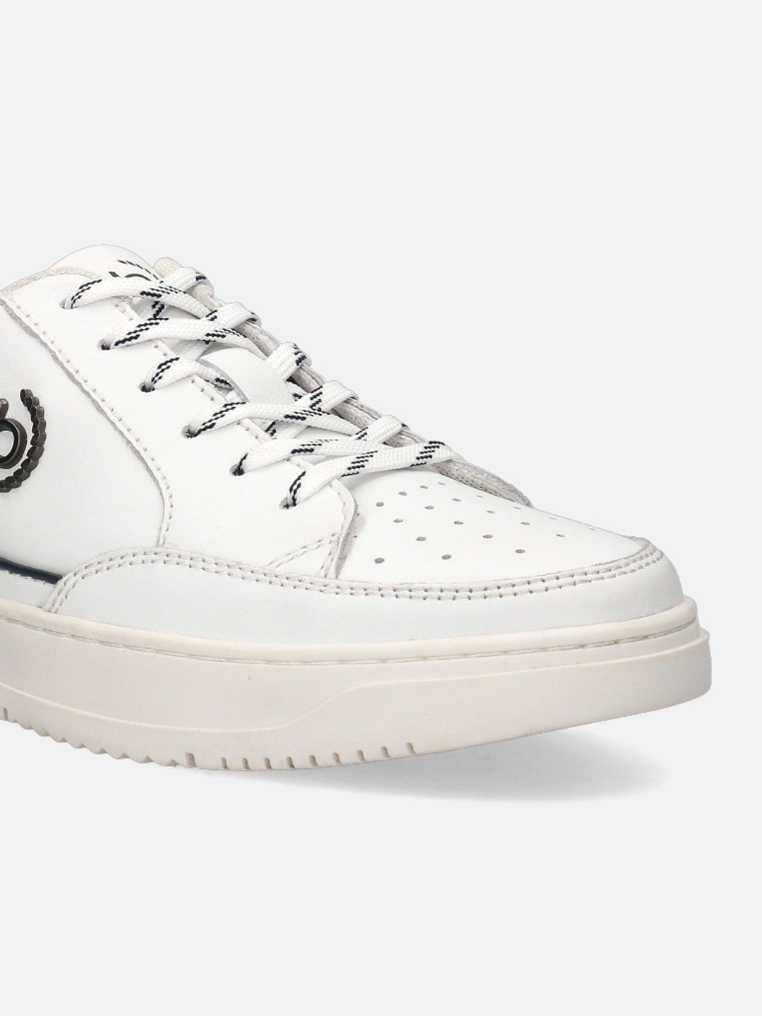 White leather sneaker by bugatti with patterned laces, perforated toe, and textured rubber sole.