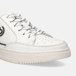 White leather sneaker by bugatti with patterned laces, perforated toe, and textured rubber sole.