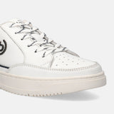 White leather sneaker by bugatti with patterned laces, perforated toe, and textured rubber sole.