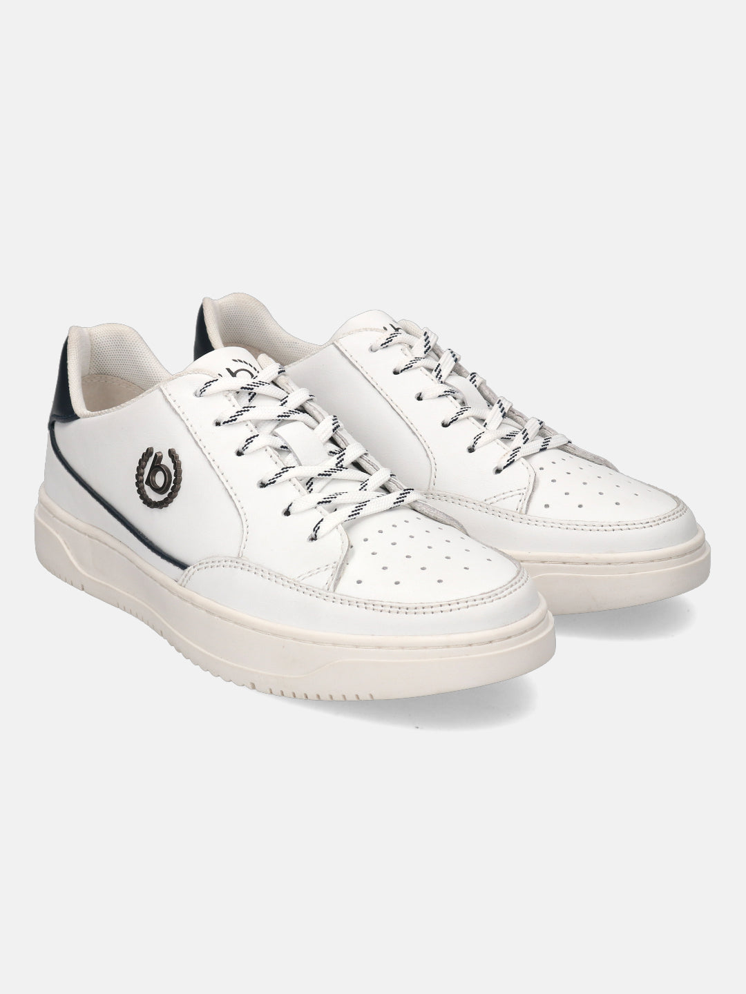 White leather sneakers by bugatti with black accents and striped laces.