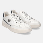 White leather sneakers by bugatti with black accents and striped laces.