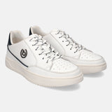 White leather sneakers by bugatti with black accents and striped laces.