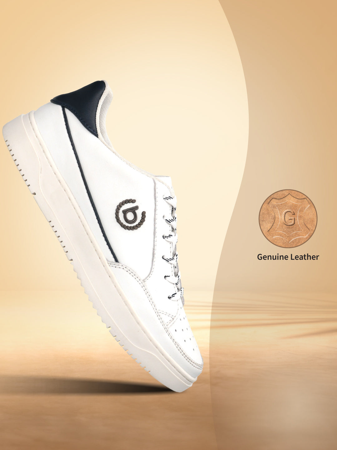 Side view of a white bugatti Humus sneaker, made of premium leather with navy detailing.