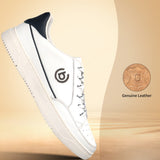 Side view of a white bugatti Humus sneaker, made of premium leather with navy detailing.