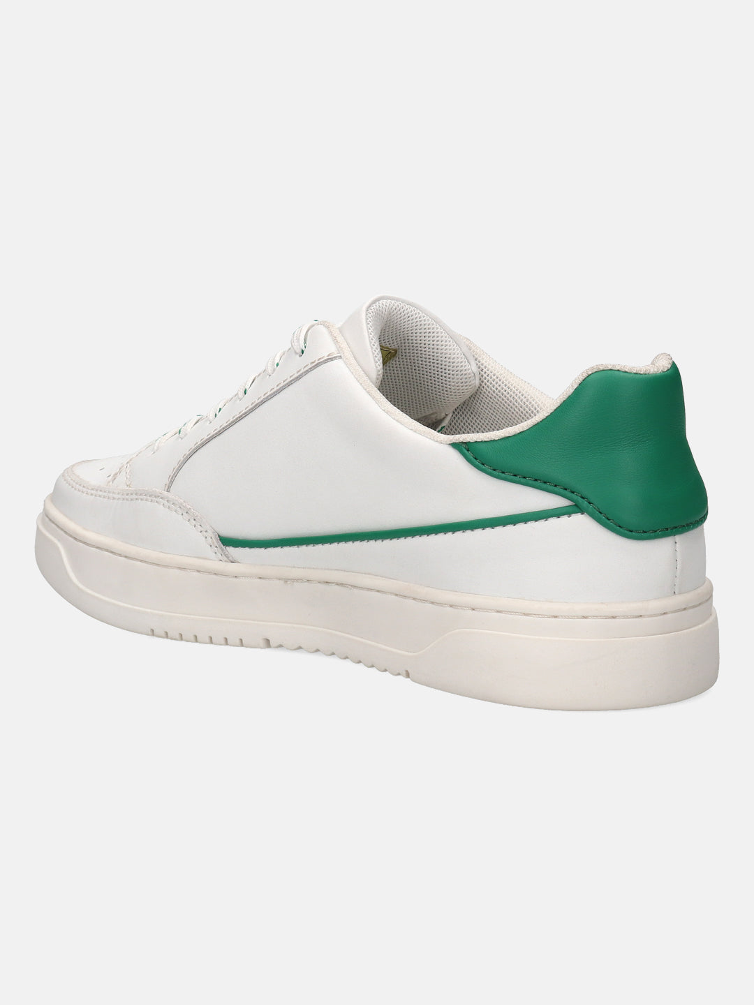 White leather sneaker by bugatti with a green heel detail, and a textured rubber sole.