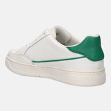 White leather sneaker by bugatti with a green heel detail, and a textured rubber sole.