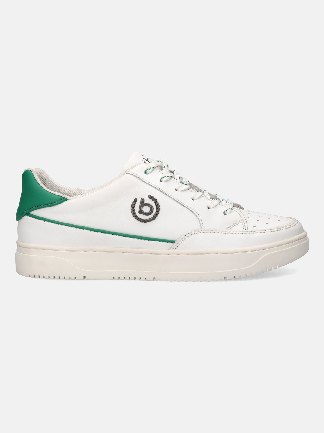 White leather sneaker by bugatti with a green heel, dark logo, and patterned laces.