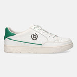 White leather sneaker by bugatti with a green heel, dark logo, and patterned laces.