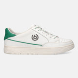 White leather sneaker by bugatti with a green heel, dark logo, and patterned laces.