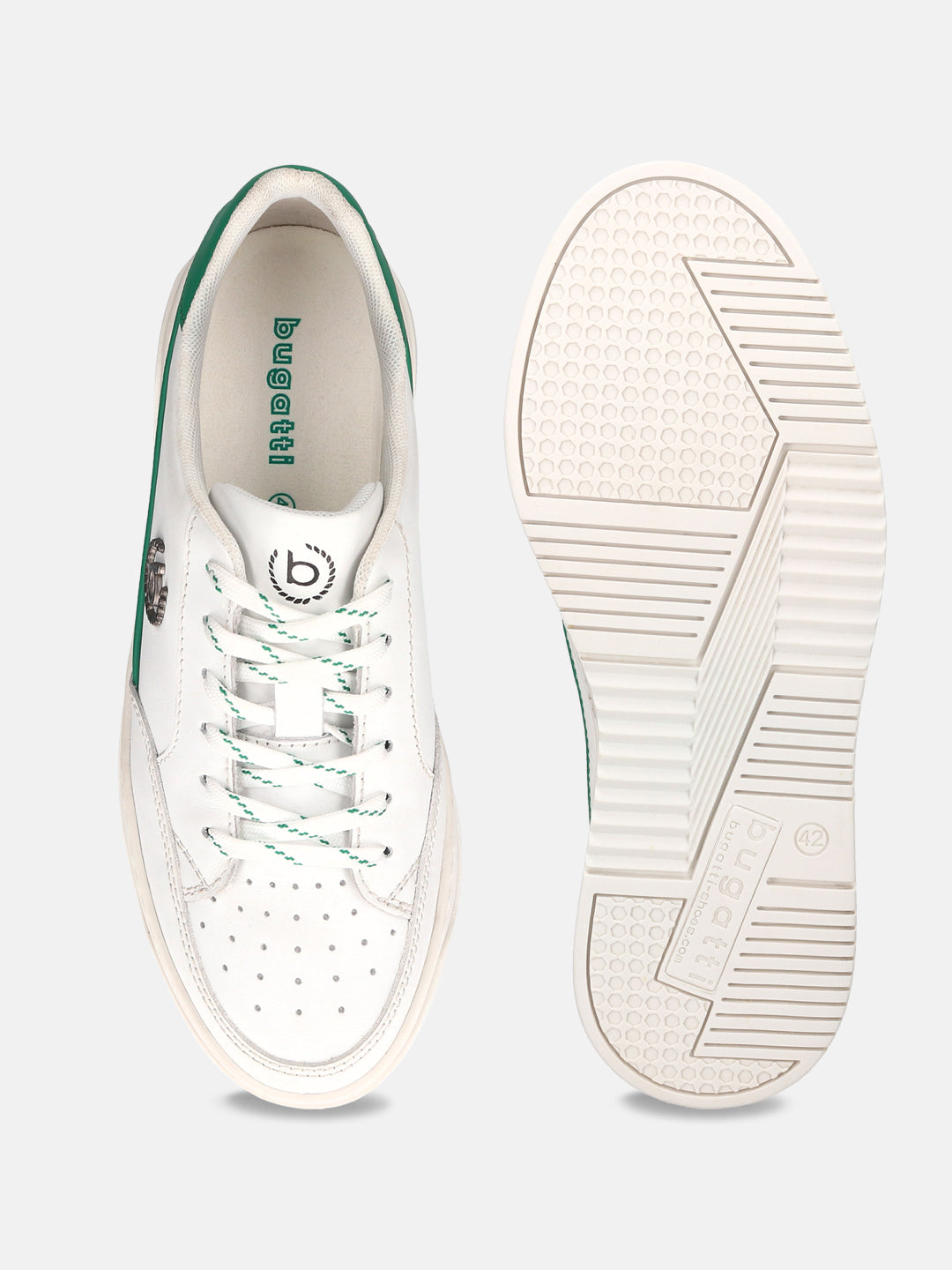 White leather sneakers by bugatti, featuring green trim, perforated toe, and patterned laces, shown with the sole visible.