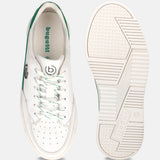 White leather sneakers by bugatti, featuring green trim, perforated toe, and patterned laces, shown with the sole visible.