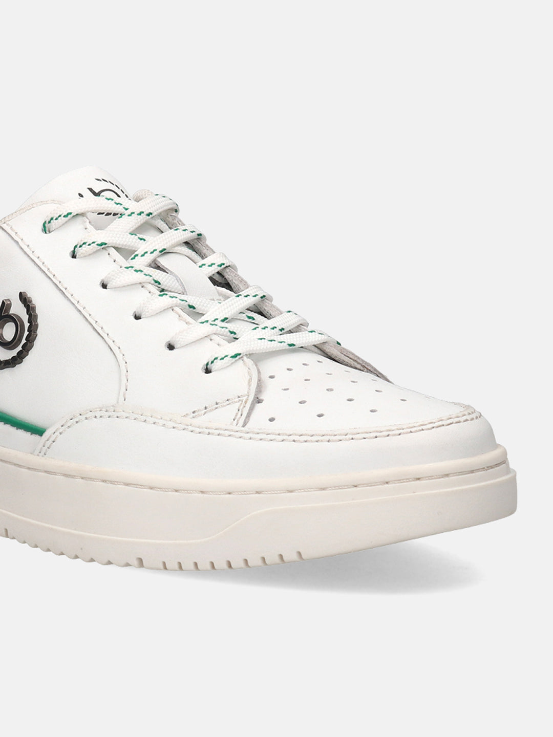 White leather sneaker by bugatti with green accents and white and green laces.