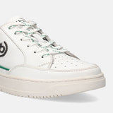 White leather sneaker by bugatti with green accents and white and green laces.