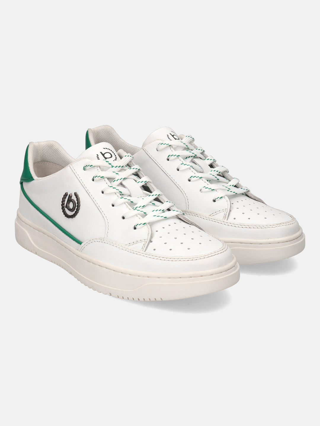 White leather sneakers by Bugatti featuring green accents on the laces and heel.