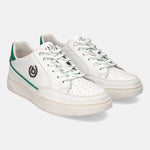 White leather sneakers by Bugatti featuring green accents on the laces and heel.
