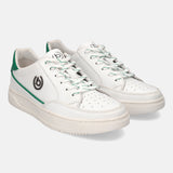 White leather sneakers by Bugatti featuring green accents on the laces and heel.