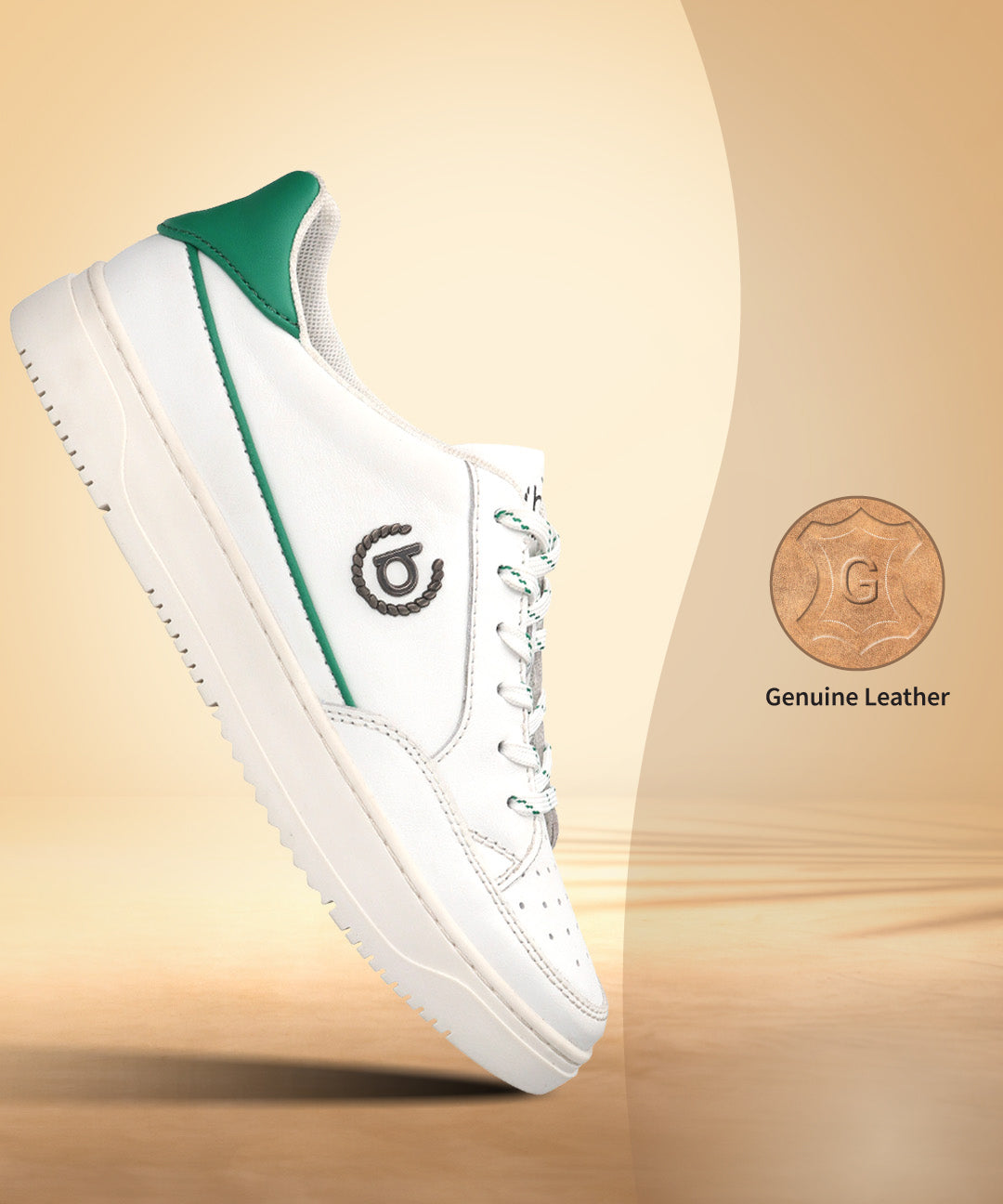bugatti Humus white premium leather sneakers with green accents in a side view.