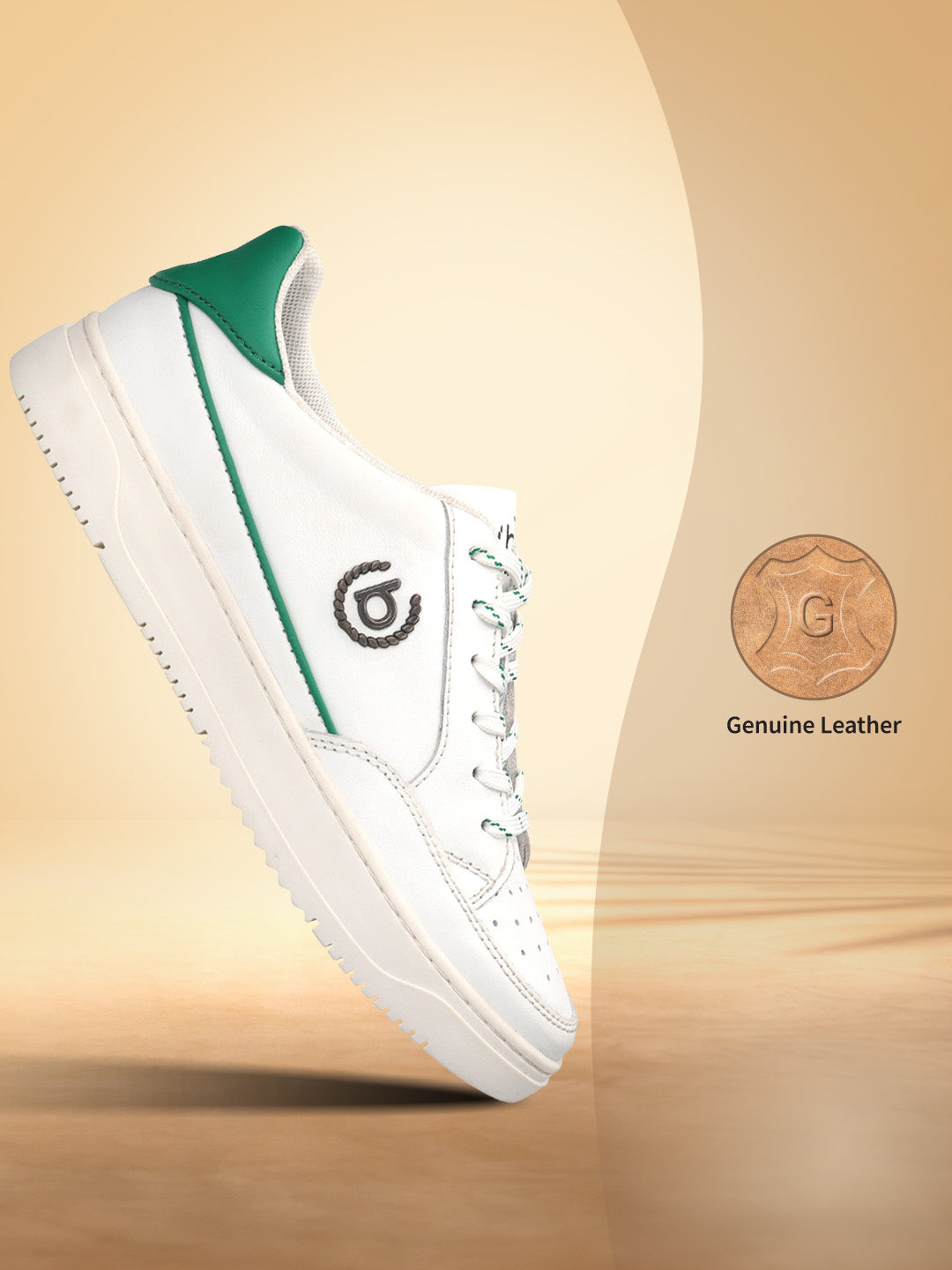 bugatti Humus white premium leather sneakers with green accents in a side view.
