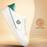 bugatti Humus white premium leather sneakers with green accents in a side view.