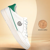 bugatti Humus white premium leather sneakers with green accents in a side view.
