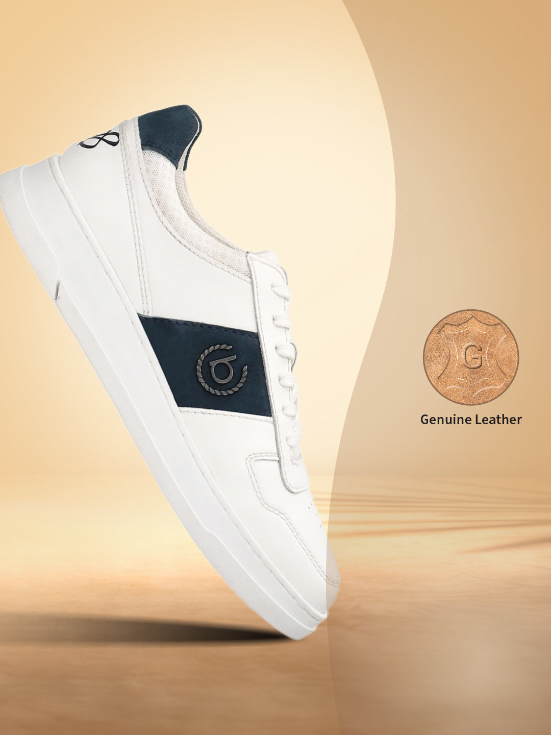 Off-white leather sneakers by bugatti, featuring a dark blue accent on the side and back heel.