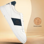Off-white leather sneakers by bugatti, featuring a dark blue accent on the side and back heel.