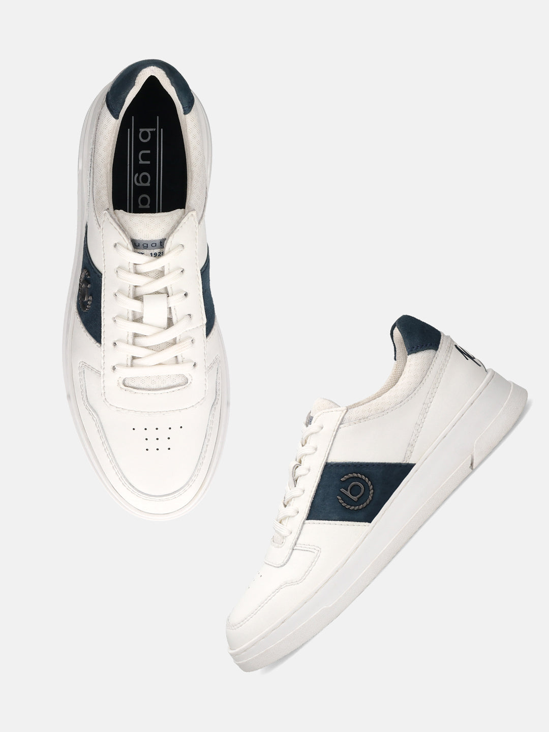 Off-white leather sneakers by bugatti with a dark blue accent, laces, and perforated toe.