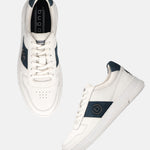 Off-white leather sneakers by bugatti with a dark blue accent, laces, and perforated toe.