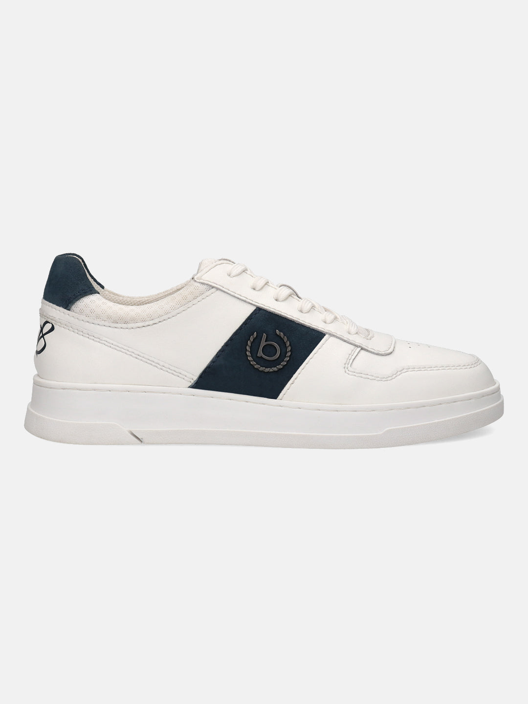 Off-white leather sneaker by bugatti with a blue stripe and a matching heel accent.