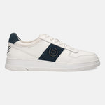 Off-white leather sneaker by bugatti with a blue stripe and a matching heel accent.
