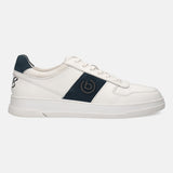 Off-white leather sneaker by bugatti with a blue stripe and a matching heel accent.