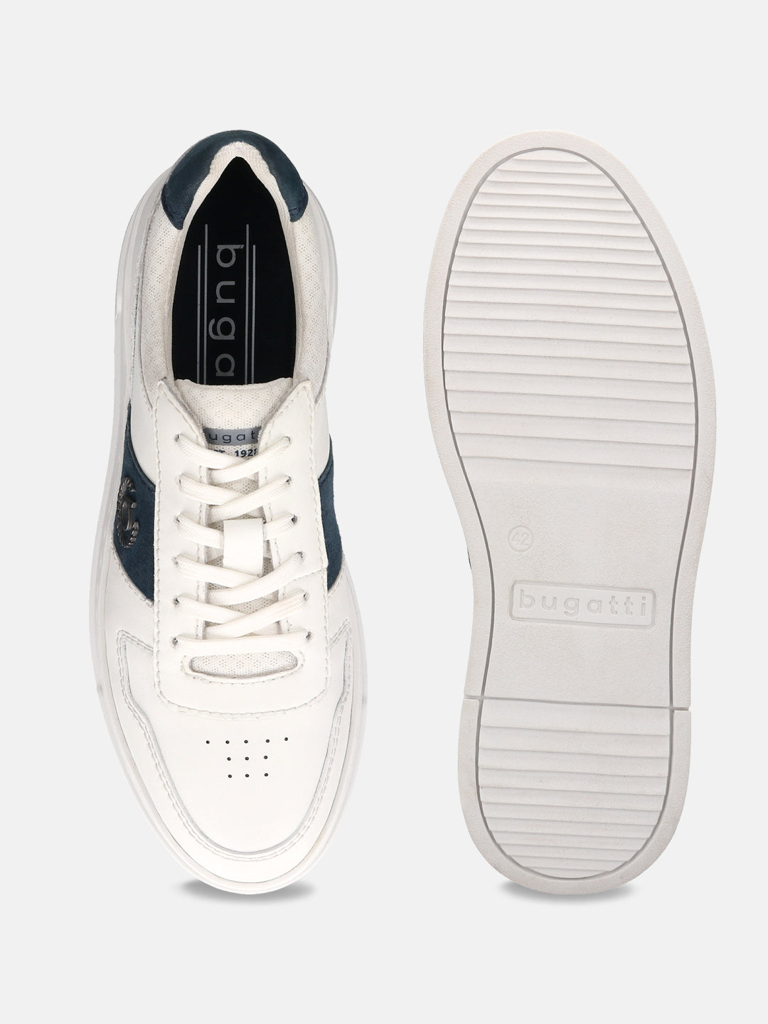 Off-white leather sneakers by bugatti, shown with navy accents and a white ridged sole.