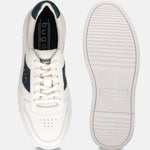 Off-white leather sneakers by bugatti, shown with navy accents and a white ridged sole.