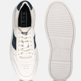 Off-white leather sneakers by bugatti, shown with navy accents and a white ridged sole.
