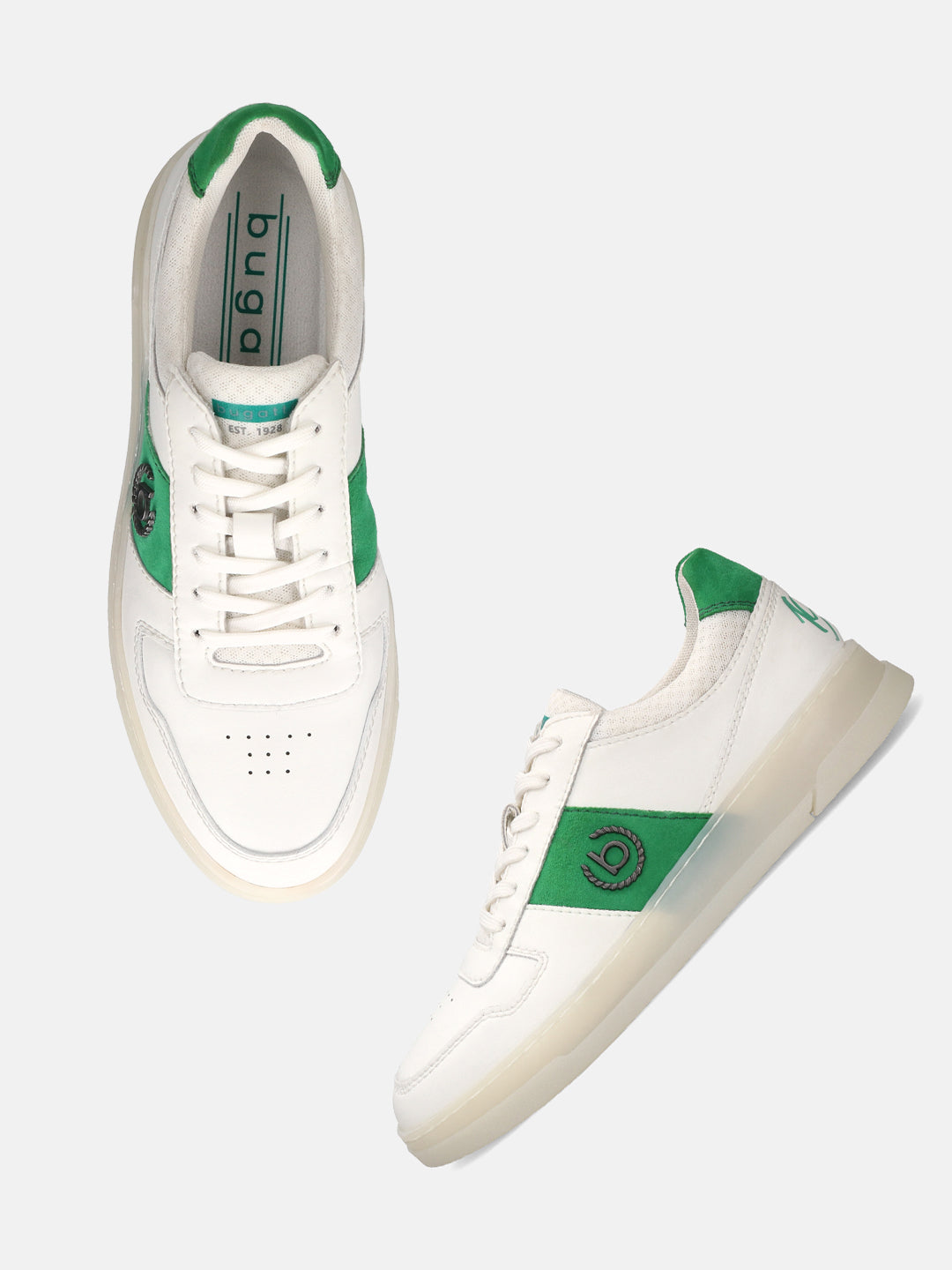 A white Men's bugatti Sneakers featuring a round toe plain toe, zero heels heel, and a wide fit. Made from premium genuine leather with a durable tpr outsole, this laces design offers both style and comfort.