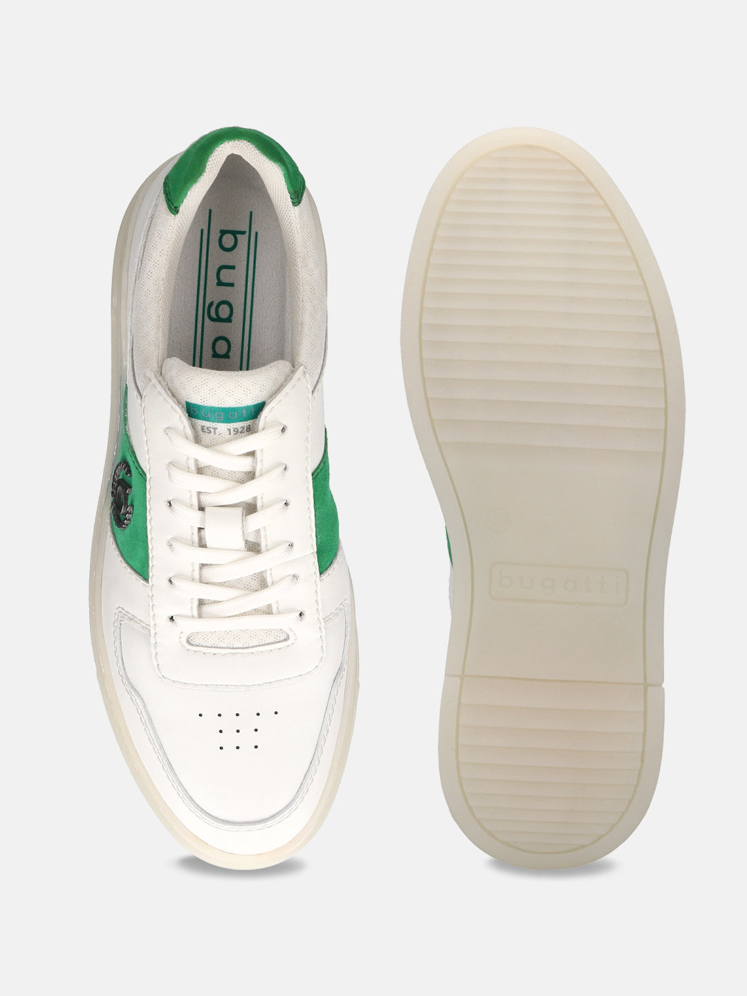 A white Men's bugatti Sneakers featuring a round toe plain toe, zero heels heel, and a wide fit. Made from premium genuine leather with a durable tpr outsole, this laces design offers both style and comfort.
