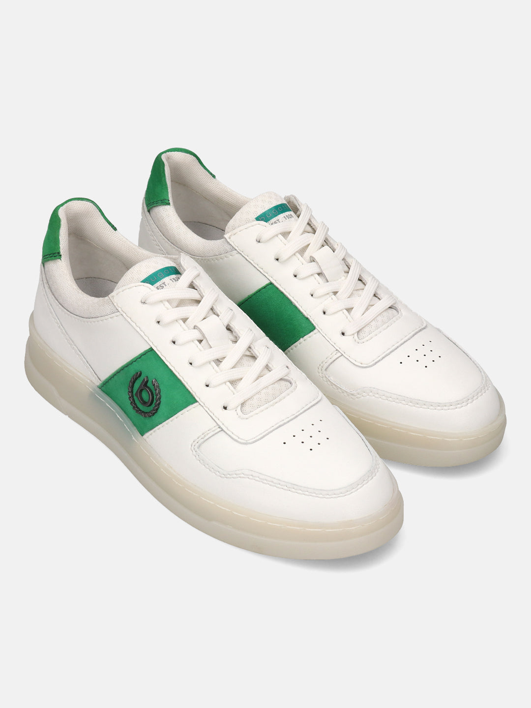 A white Men's bugatti Sneakers featuring a round toe plain toe, zero heels heel, and a wide fit. Made from premium genuine leather with a durable tpr outsole, this laces design offers both style and comfort.