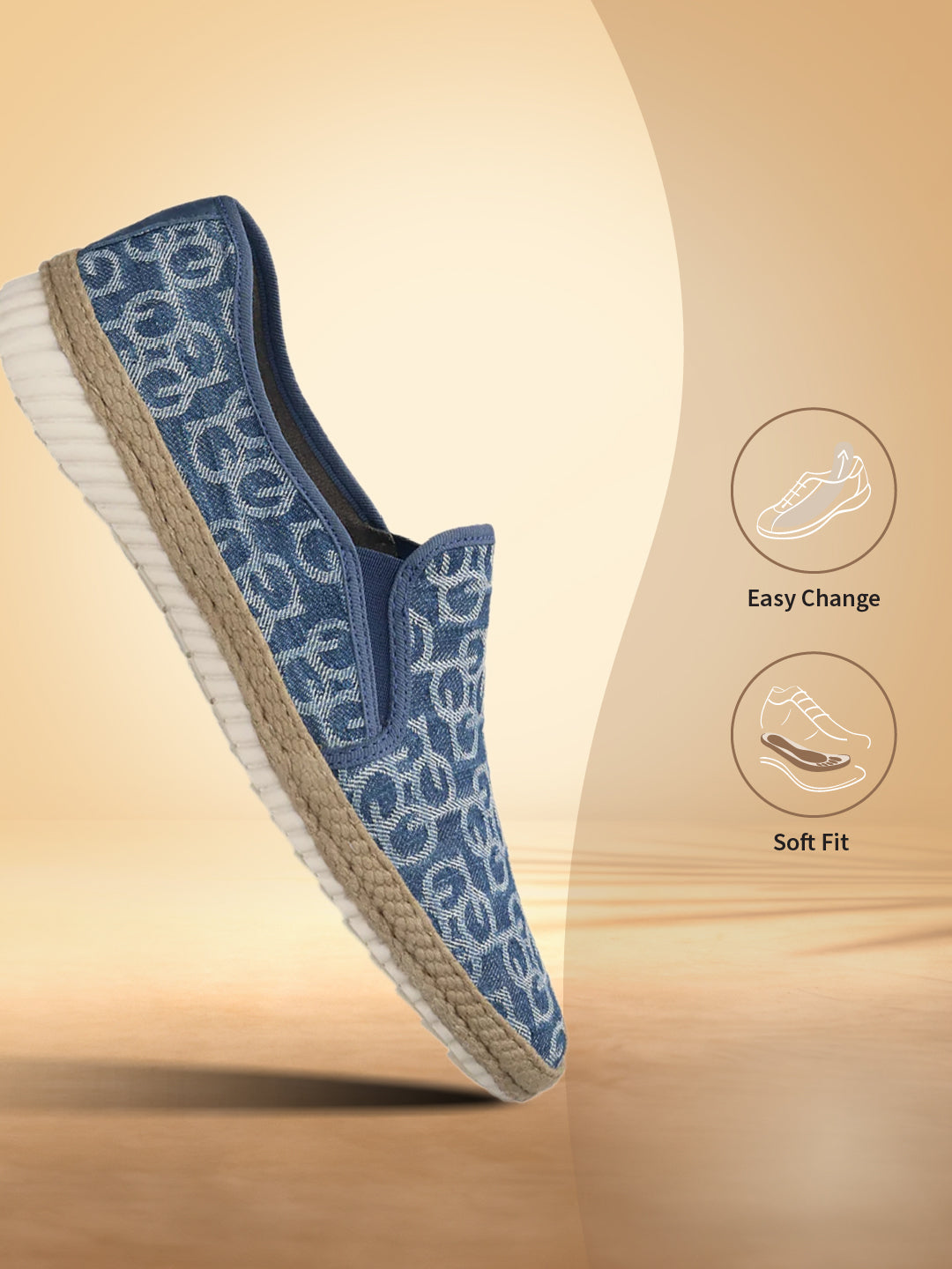 Blue casual slip-on shoes by bugatti, featuring a repeating pattern and braided jute trim.