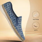 Blue casual slip-on shoes by bugatti, featuring a repeating pattern and braided jute trim.